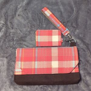 Vintage wrist purse, billfold, key faub plaid set, vegan, handmade